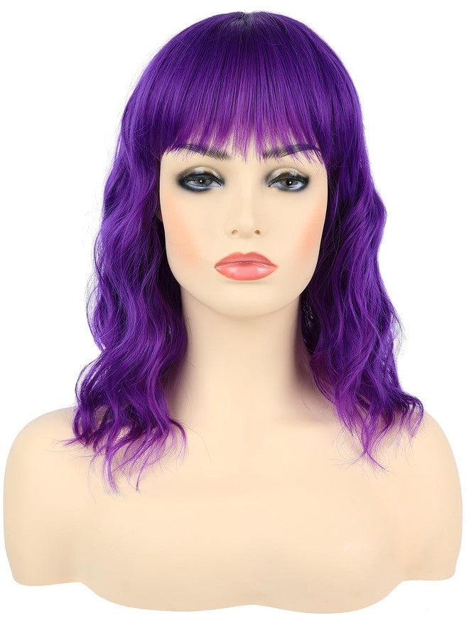 morvally Short Wavy Wig with Bangs for Women 16 Inches Natural Synthetic Hair Bob Wigs (Dark Purple) - Image 4